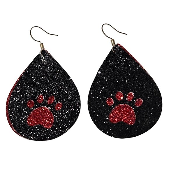Handmade Paw Print Black Red Glitter Earrings Dog Lover Faux Leather Fabric - Picture 1 of 3